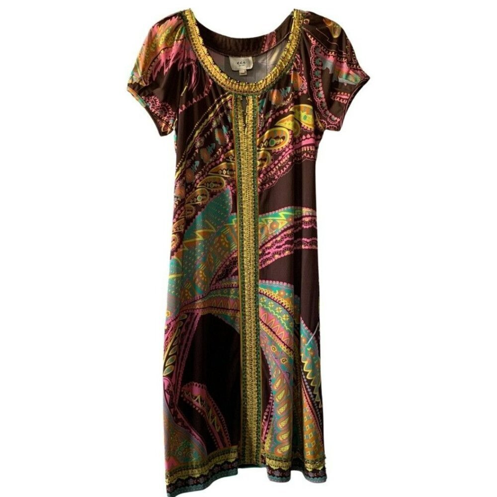 eci new york dress Short Sleeve Brown Knee Length Keyhole Neckline Size 10